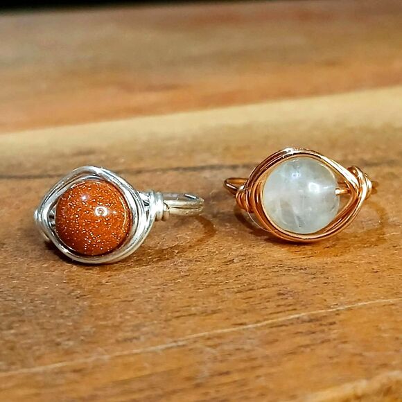 2 Piece Ring Set, Wire Wrapped, Fluorite & Goldstone, Size 5.5/7 - Picture 1 of 4